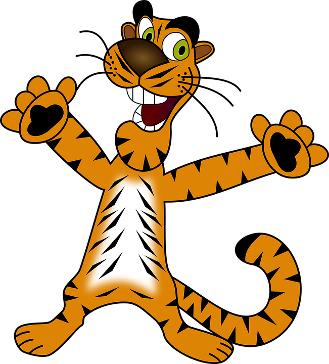 Tiger, Happy, Euphoric, Cat, Nature, Wild, Wild Life - Public Domain Cartoon Tiger (651x720), Png Download