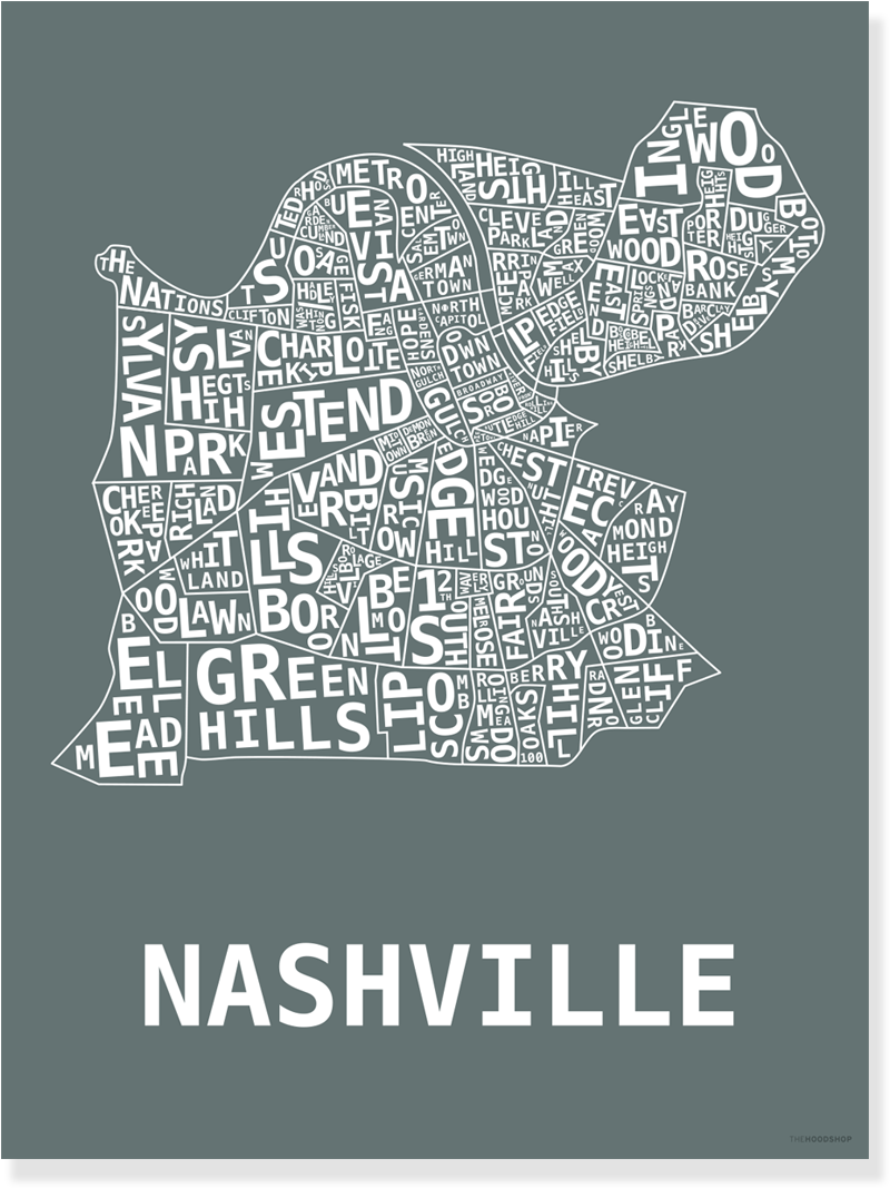 Nashville Hood Print - Nashville Neighborhood Map Poster (1200x1200), Png Download