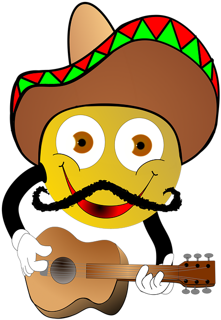 Cartoon, Mexicans, Smiley, Guitar, Sombrero, Party - Mexican With Sombrero Emoji (488x720), Png Download