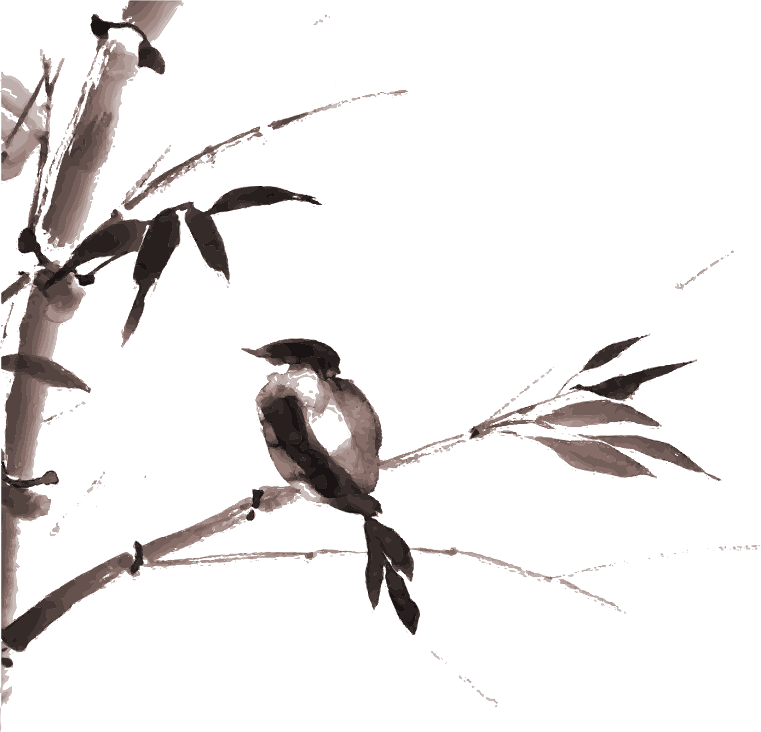 Ink Wash Painting Drawing Bamboo Japanese Art - Sumi E Painting Birds (1501x1444), Png Download