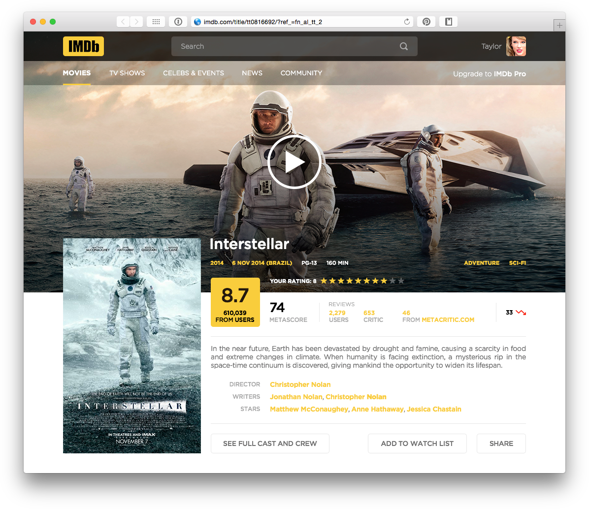 Imdb - Movie Page - Pop Culture Graphics Interstellar 27x40 Movie Poster (1196x1034), Png Download