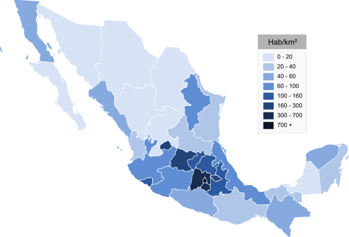 Mexico's Population Density Map - Densidad De Poblacion De Mexico (700x476), Png Download