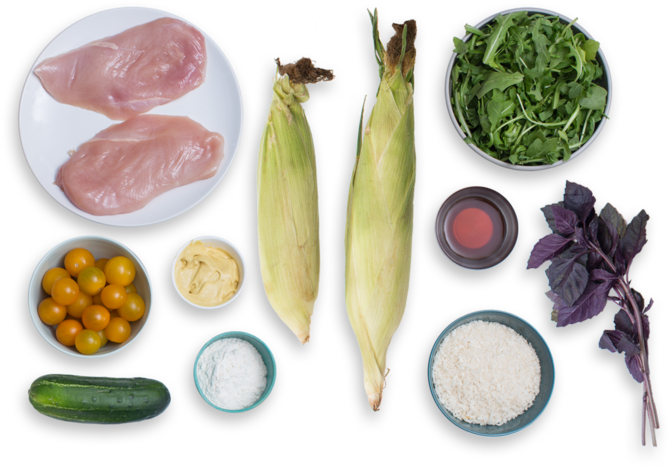 Chicken Milanese With Summer Corn, Tomato & Cucumber - Blueapron Oil Png (700x477), Png Download