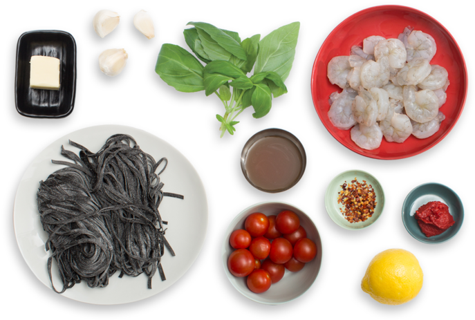 Squid Ink Linguine Pasta With Shrimp & Cherry Tomatoes - Pasta (700x477), Png Download