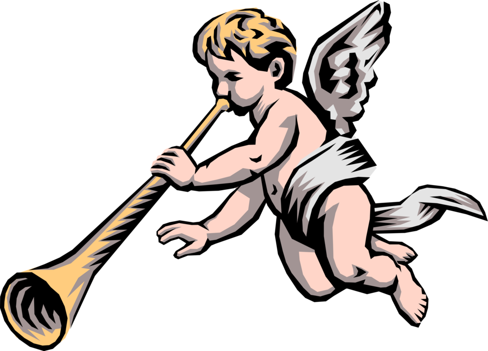 Vector Illustration Of Angelic Spiritual Cherub Angel - Baby Angel Blowing Trumpet (973x700), Png Download