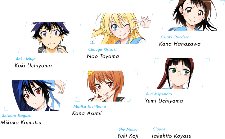 Raku Ichijo Koki Uchiyama Chitoge Kirisaki Nao Toyama - Nisekoi False Love Characters (820x450), Png Download