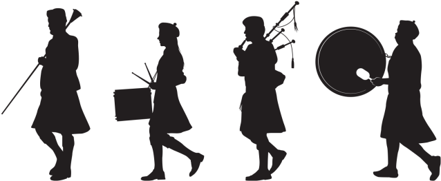 A Silhouette Of A Drum Major, Side Drummer, Bagpiper - Bagpipes And Drums Silhouette (750x262), Png Download