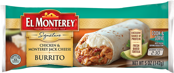 Chicken & Monterey Jack Cheese Frozen Burrito - El Monterey Chicken Burritos (600x262), Png Download