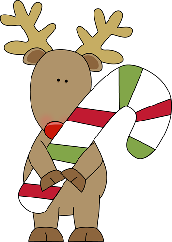Reindeer Holding A Candy Cane Clip Art - Christmas Candy Cane Clip Art (355x500), Png Download