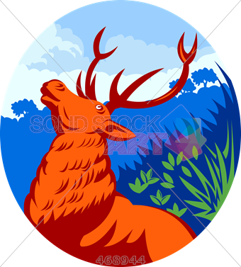 Stock Illustration Of Old Fashioned Cartoon Rendering - Deer Stag Buck Head Looking Up Retro Card (340x377), Png Download
