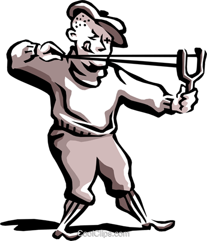 Man Firing Slingshot Royalty Free Vector Clip Art Illustration - Slingshot Cartoon (412x480), Png Download
