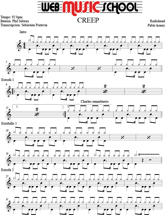 Partitura Bateria Radiohead Creep - Creep Radiohead Drum Sheet (600x766), Png Download