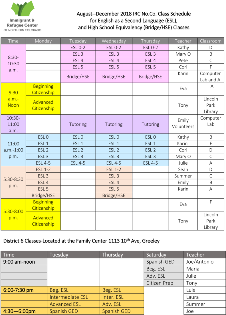 Class Schedule Adult Esl For Fall 2018final-0 - Portable Network Graphics (1000x1294), Png Download