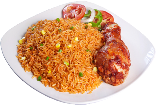 Brandy Fried Chicken Pieces With Jollof Rice And Green - Plate Of Jollof Rice (500x385), Png Download