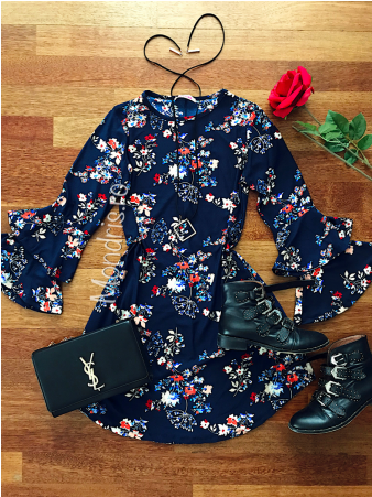 Casual Blue Day Dress With Floral Print Free Necklace - Dress (450x450), Png Download