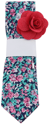 Navy Tie With Bright Floral Print & Red Lapel Pin - Necktie (500x500), Png Download