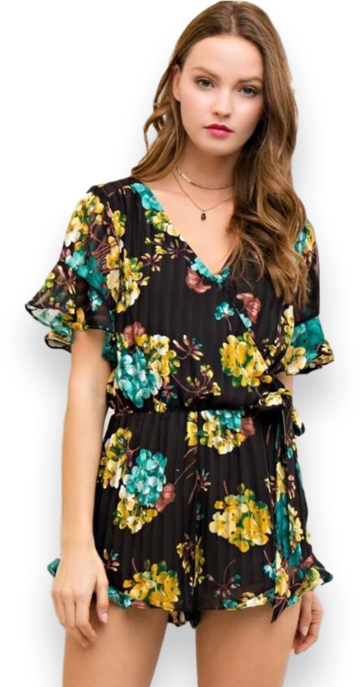 Rp8 Entro Black Floral Print Short Sleeve Romper - Romper Suit (624x1000), Png Download