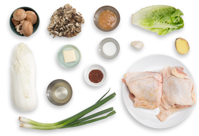 Crispy Chicken Thighs With Braised Lettuce, Kimchi - Chicken Thighs (700x477), Png Download