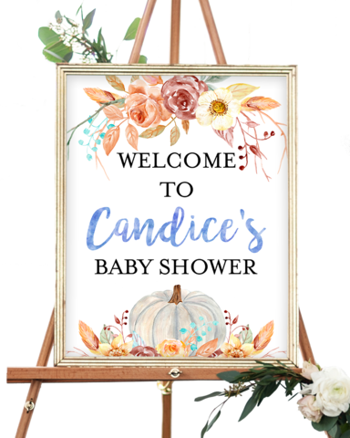 Fall Pumpkin Blue And Orange Floral Welcome Sign - Fall Baby Shower Welcome Sign (384x480), Png Download