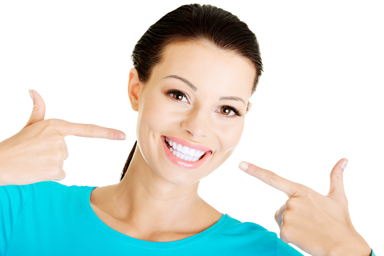 Puedes Ser La Ganadora De Un Blanqueamiento Dental - Woman Pointing Teeth (749x500), Png Download