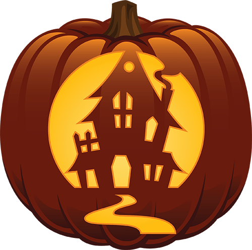 Haunted House Pumpkin Carving Design (500x495), Png Download