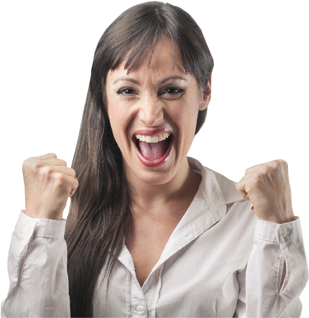 Excited Long Hair Woman With Clenched Fists - Shout (650x660), Png Download