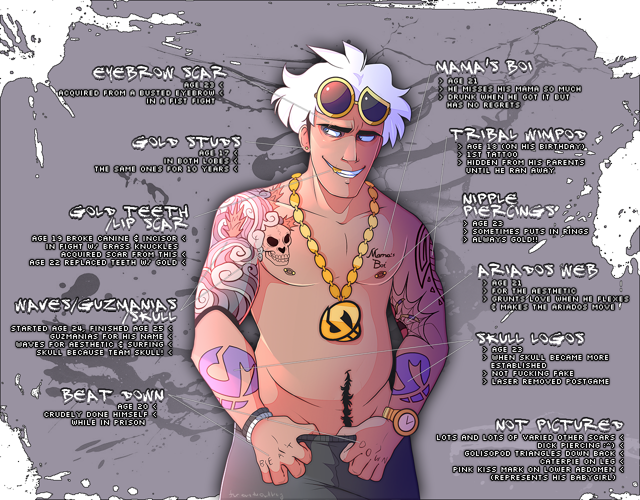 Tattoos Guzma Gets A New Tattoo About Once A Year On - Cartoon (1280x1000), Png Download