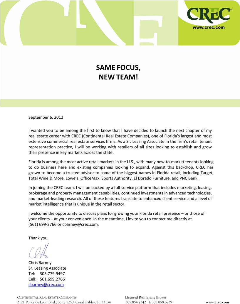 Christopher Barney - Announcement - - Continental Real Estate Companies (816x1054), Png Download