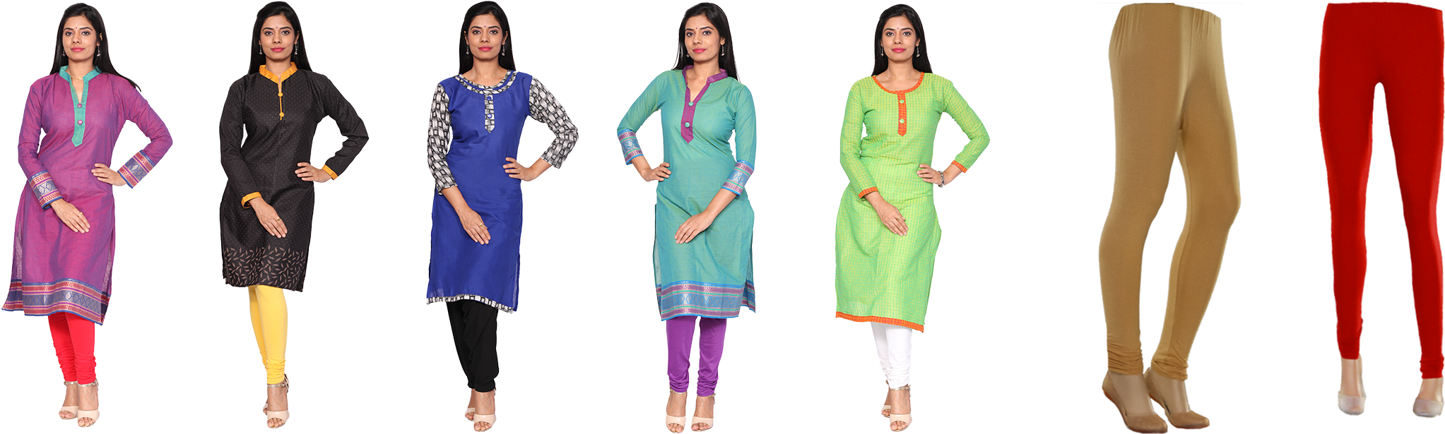 Assorted 5 Readymade Kurtis With 2 Assorted Leggings - Leggings (2500x658), Png Download
