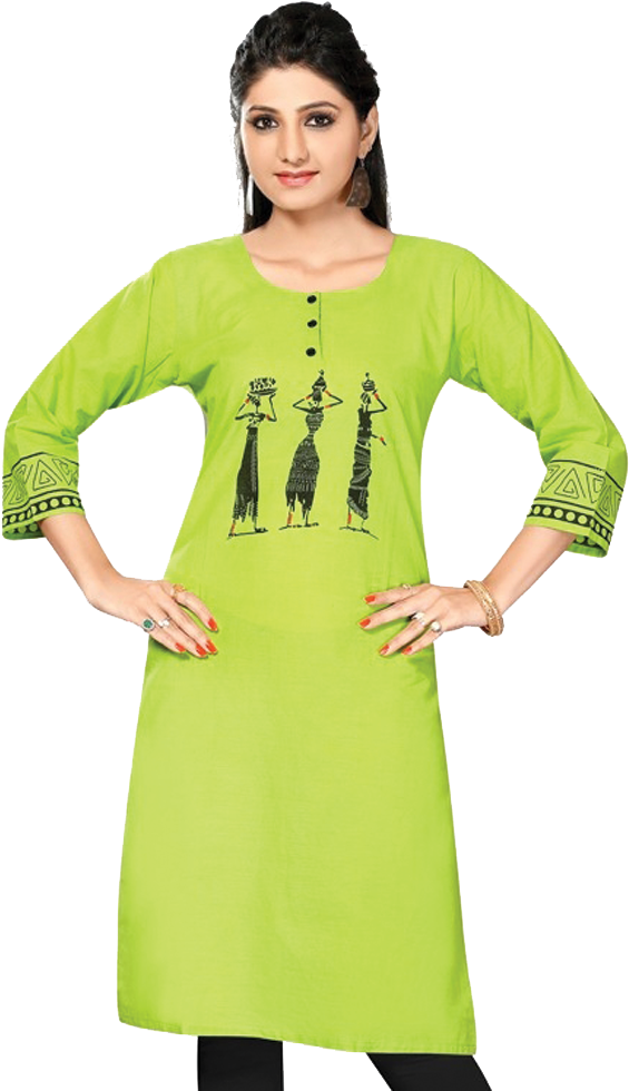 Worli Printed Designer Ladies Kurti Neon Green - Warli Design For Kurti (1000x1000), Png Download