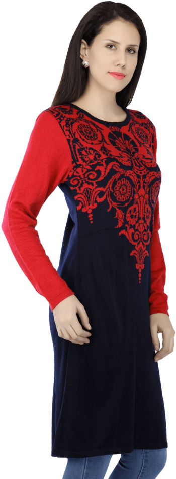 Women Long Sleeves Knit Kurta - Woman (640x960), Png Download