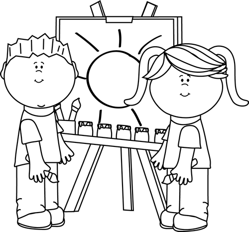 Picture Freeuse Library Children Playing Clipart Black - Kids Painting Clipart Black And White (500x466), Png Download