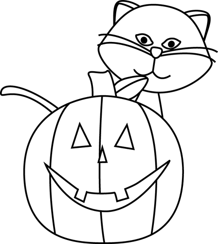 Black Cat Clipart Jack O Lantern - Halloween Cat Free Clipart Black And White (448x500), Png Download