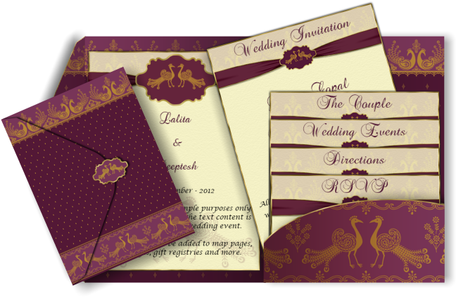 Beautiful Peacock Design Invitation Indian Wedding - Wedding Invitation Multiple Cards (670x447), Png Download