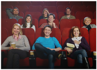 Group Of Smiling People Watching Movie In Cinema Poster - People Watching Cinema (400x400), Png Download