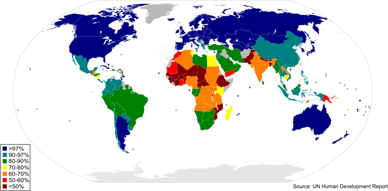 World Literacy Map Unhd 07-08 - World Map (1280x650), Png Download