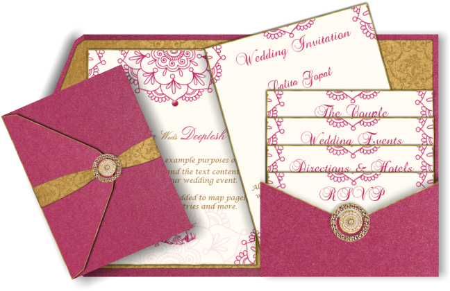 Indian Red Pocket Fold Marriage Card With Metallic - Wedding Invitation With Event Cards Inserts (670x447), Png Download