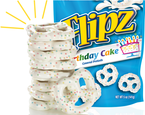 Flipz Birthday Cake Covered Pretzels (483x368), Png Download