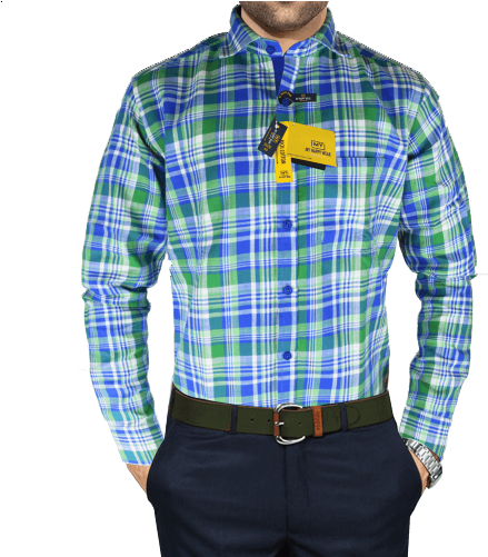 Men Checkered Casual Blue Green Shirt - Plaid (500x500), Png Download