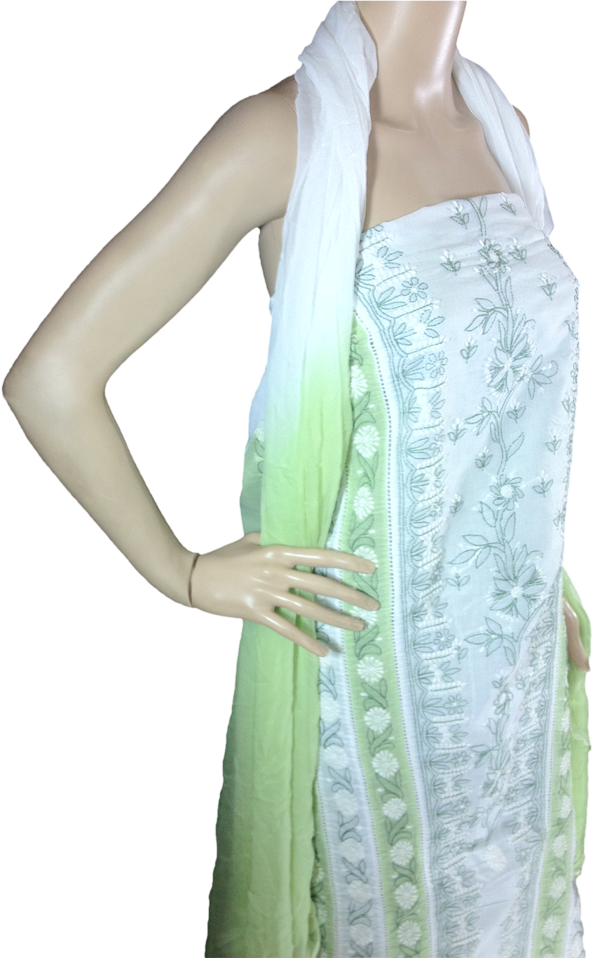 Chikan Salwar Suit Dress Material Whit And Green With - Dupatta (1024x1365), Png Download