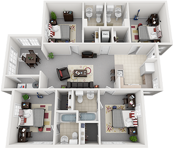4 Bedroom, 4 Bathroom Apartment - University Village Clemson Floor Plans (540x304), Png Download