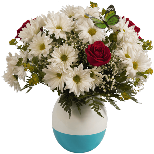 Daisy And Rose Vase Small Aqua • - Bouquet (500x611), Png Download