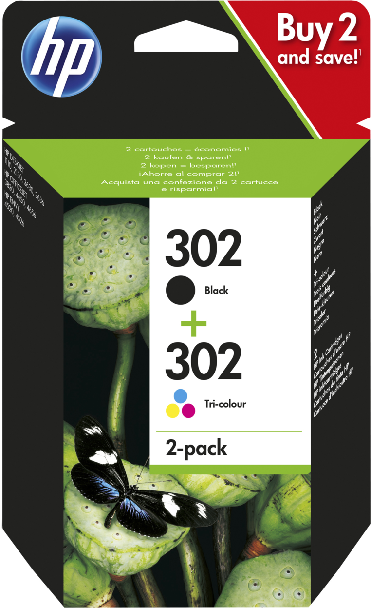 Hp 302 2 Pack Black/tri Color Original Ink Cartridges - Hp 302 Ink Cartridges (1659x1246), Png Download
