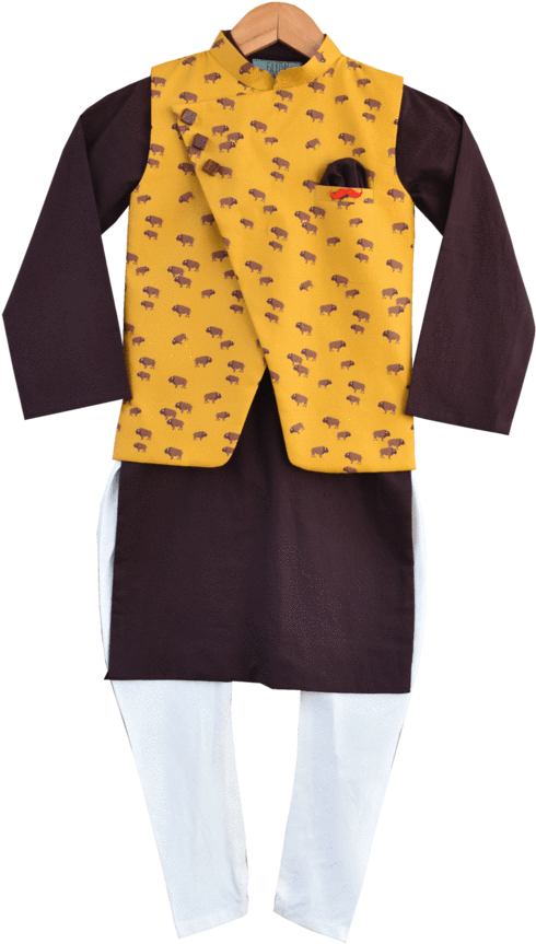 Yellow Bull Print Nehru Jacket With Brown Kurta & Churidar - Churidar (580x870), Png Download