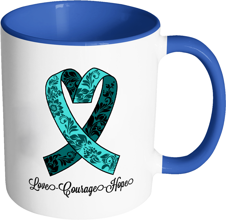 Loves Courage Hope Ovarian Cancer Awareness Teal Ribbon - Bible Emergency Numbers Mug - Christian Gifts For Women (1024x1024), Png Download