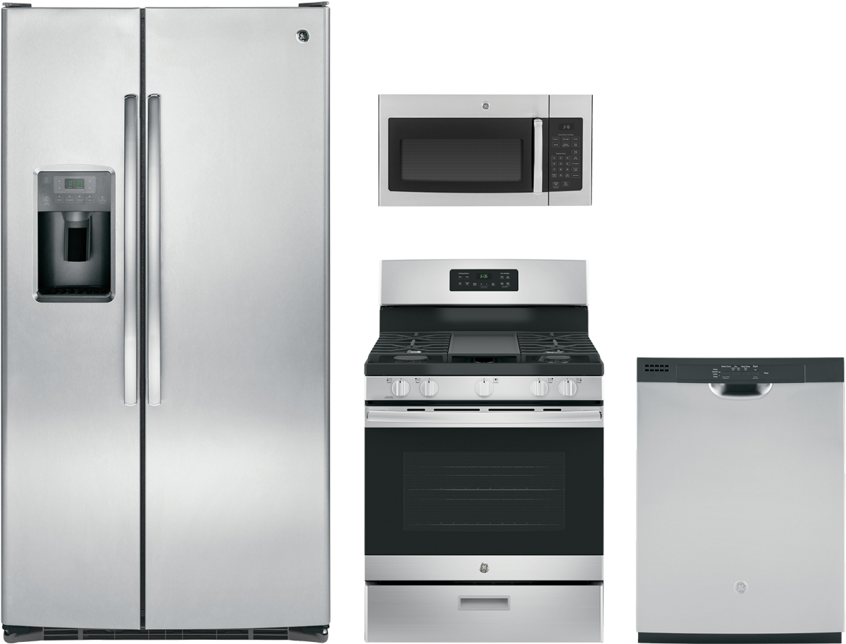 Ge® 4 Piece Kitchen Package Stainless Steel Gekitjvm3160rfss - Ge Side-by-side Stainless Refrigerator Appliance Package (1280x1280), Png Download