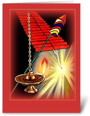 Diwali Fireworks Greeting Card - Diwali Fireworks And Candle, India Card (350x396), Png Download