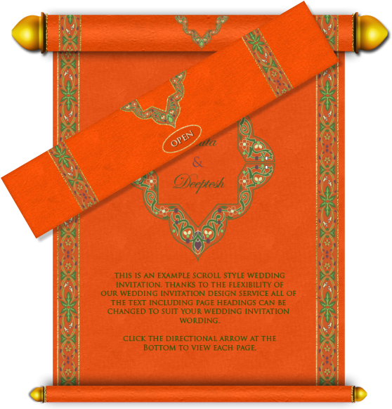 Bright Orange & Green Scroll Email Wedding Card - Wedding Cards Design For Hindu (574x583), Png Download