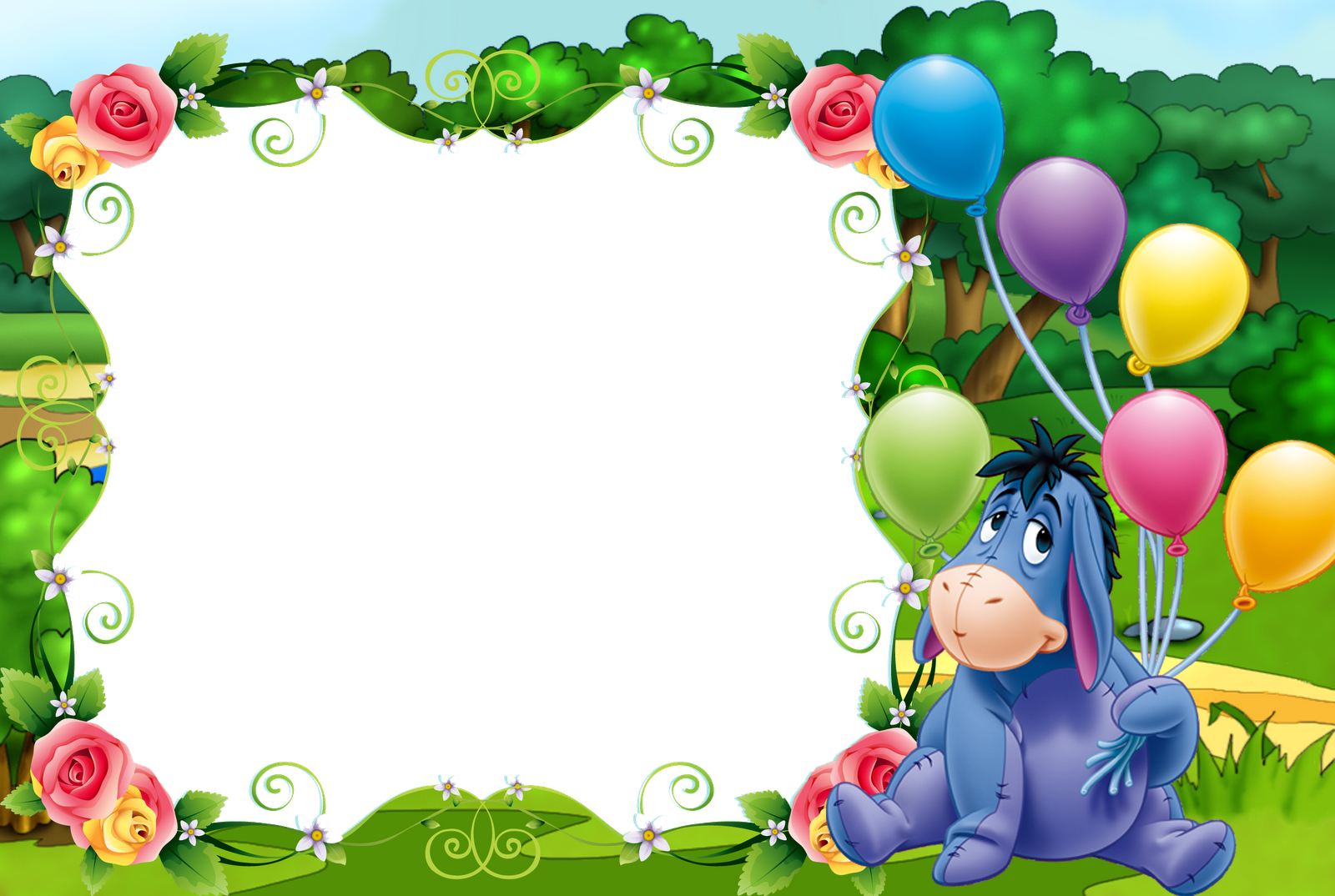 Kids Png Frame With Eeeyore And Balloons - Frames For Kids Png (1600x1074), Png Download