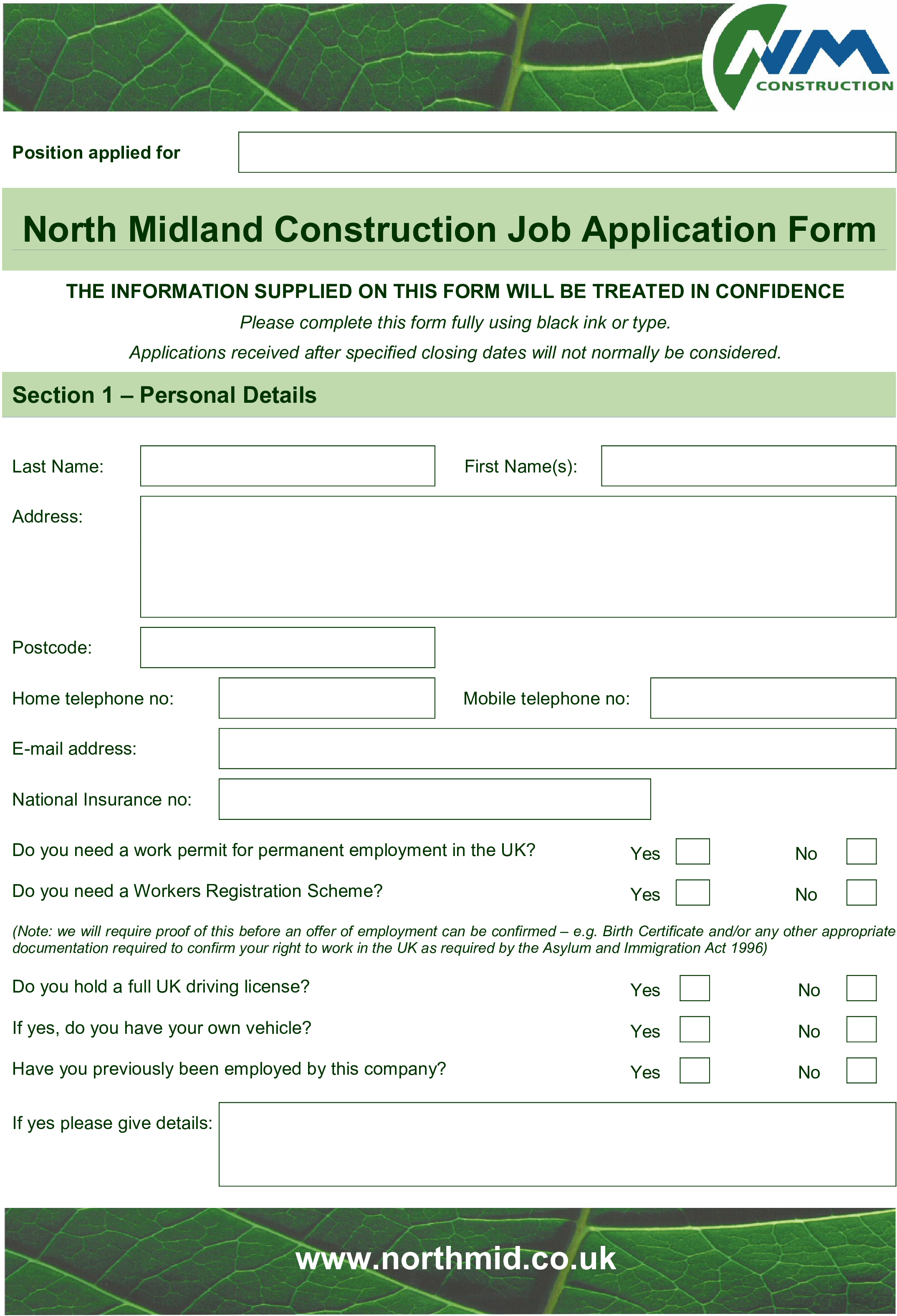 Construction Application For Employment Template Free (2550x3300), Png Download